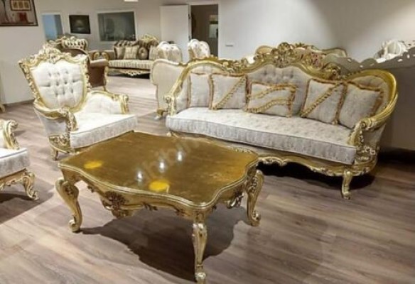 Goldene Sofagarnitur Couch Set 5tlg mit Couchtisch Chesterfield Barock