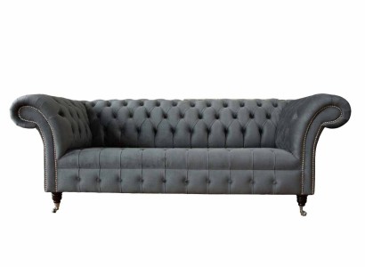 Englische Chesterfield Sofa Couch Büro Möbel Dreisitz Samt 230cm Grau