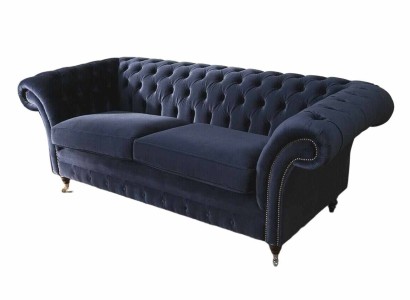 Classic Chesterfield Living room Velvet Couch Blue 3 Seater Textile Sofas