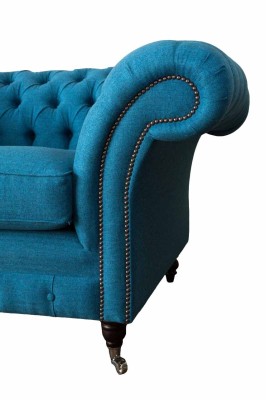 Blauer Chesterfield Sessel Polster Sofa Couchen 1,5 Sitzer Einsitzer Textil