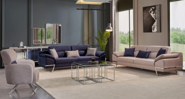 Luxus Sofagarnitur 331 Sitzer Dreisitzer Sofa Sessel Stoff Blau Modern