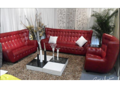 Sofagarnitur Chesterfield Sessel Sofa Set 3 tlg Ledersofa Rot Modern