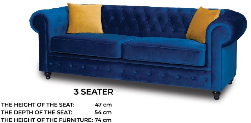 Sofas Polster Sofas 3 Sitz Chesterfield Textil Sofa Blau Klassisch Designer Neu