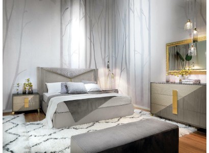 Современный спальный гарнитур с двумя прикроватными тумбочками и комодом