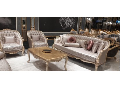 Klassische Chesterfield Garnitur 311 Sitz mit Couchtisch Samt Gold Holz