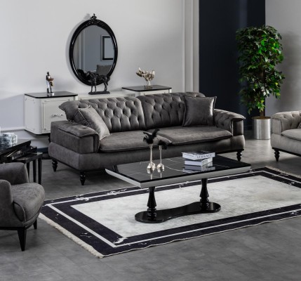 Wohnzimmer Sofa 3 Sitzer Couchtisch Luxus Kunstleder neu grau Stil Modern