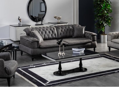 Wohnzimmer Sofa 3 Sitzer Couchtisch Luxus Kunstleder neu grau Stil Modern