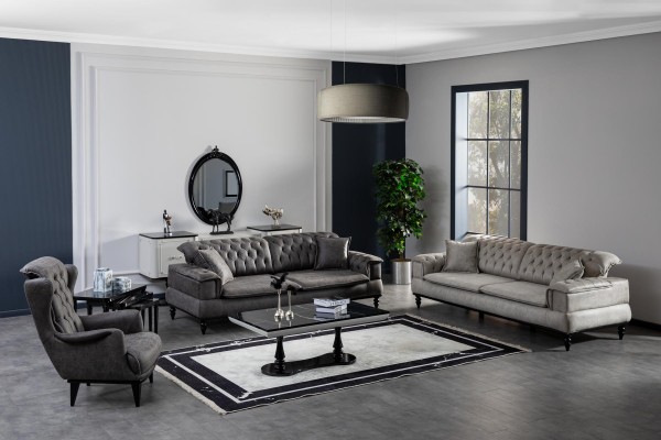 Wohnzimmer Sofa 3 Sitzer Couchtisch Luxus Kunstleder neu grau Stil Modern