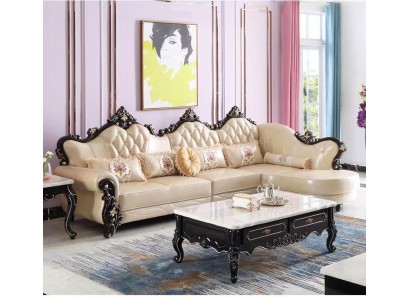 Элегантный угловой диван L-образной формы в стиле барокко с кожаной обивкой и резными декоративными элементами