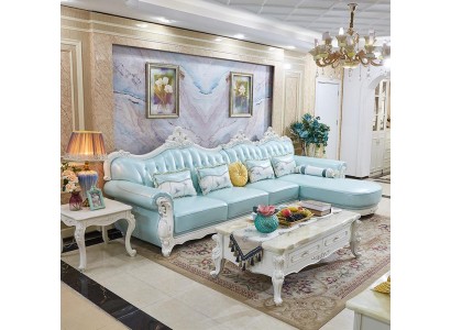 Великолепный угловой диван голубого цвета в стиле барокко 
