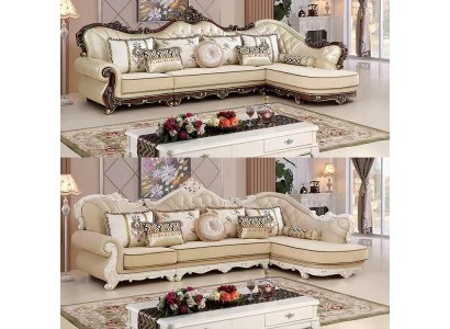 Восхитительный угловой диван стильного бежевого цвета с резными вставками