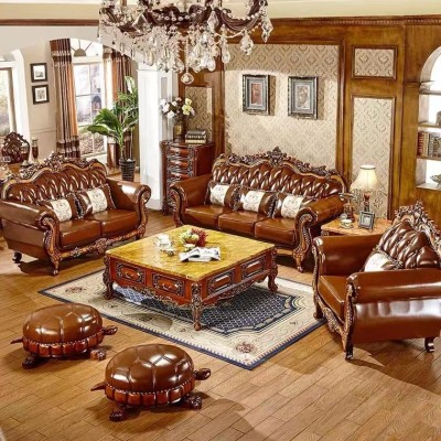  Комплект диванов Честерфилд 3+2+1 с кожаной обивкой в коричневом цвете
