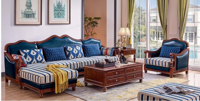 Blue e Corner sofa Couch with Armchair Colonial Sofa Furniture Antique Style Sofas