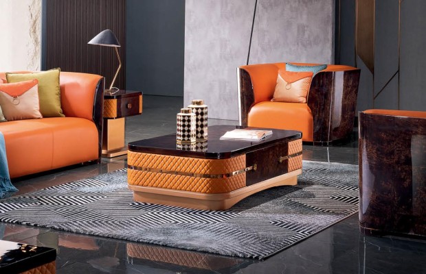 Orange Leder Sofagarnitur 3+2 Sitzer Set Designer Couchen Wohnzimmer Garnitur