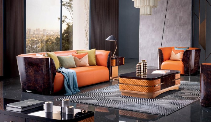 Orange Leder Sofagarnitur 3+2 Sitzer Set Designer Couchen Wohnzimmer Garnitur