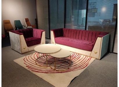 Комплект мягких диванов 3+1 с комбинацией красного и бежевого цветов