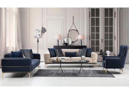 Комплект диванов 3+3+1 в роскошных синем и бежевом цвете
