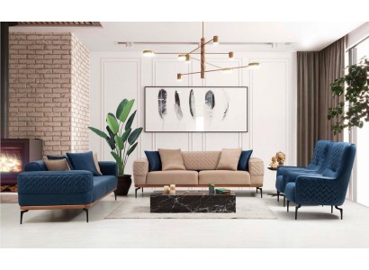 Полноценный комплект диванов 3+3+1-местный  в синем и бежевом цветах