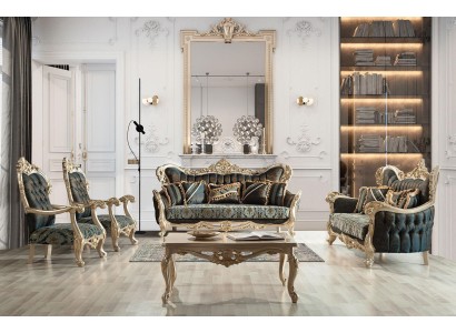 Бирюзовый диванный гарнитур в стиле барокко с журнальным столиком