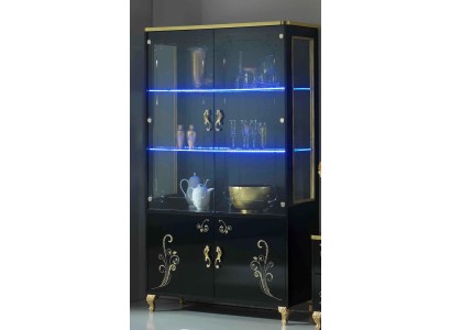 Двудверный шкаф-витрина с подсветкой в черно-золотом исполнении для гостиной комнаты