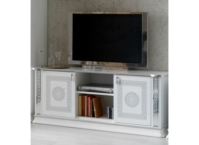 Белая тумба под телевизор с серебристой орнаментацией из лучших материалов