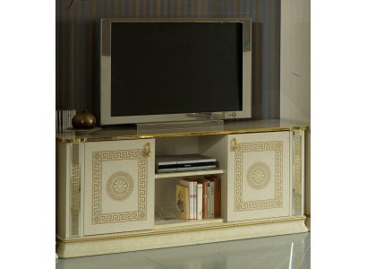Кремовая тумба под телевизор с золотистым оформлением из качественных материалов