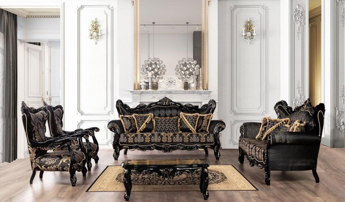 2-piece sofa set for the living room 3+1 seats black sofa and armchair gold pattern