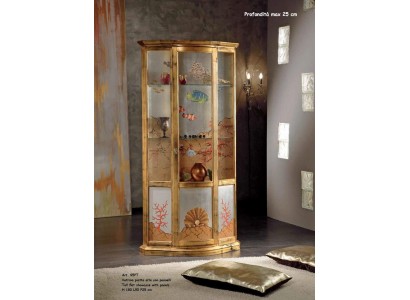 Элитный классический стеклянный деревянный шкаф-витрина золотого цвета с морским узором