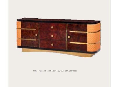 Дизайнерский стильный деревянный низкий комод длиной 200 см с металлическим декором