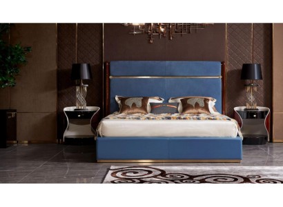  Роскошный дизайнерский комплект для спальни из 3-х предметов синего цвета с кроватью и прикроватными тумбочками 