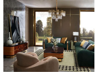 Дизайнерский 2-х местный диван благородного зеленого цвета с декором из нержавеющей стали 