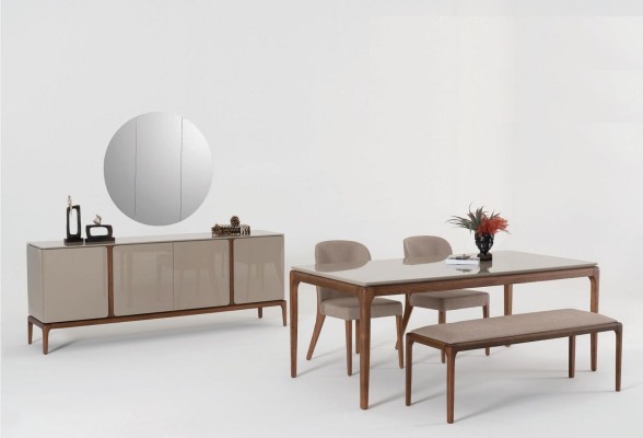 Essgruppe Esszimmer Set Bank 4x Stühle Tisch Möbel beige 6tlg