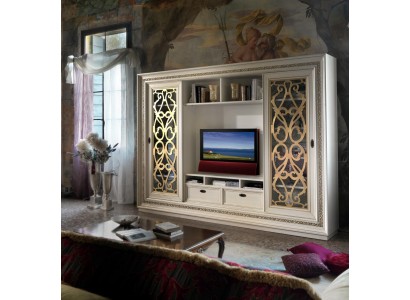 Белоснежная телевизионная стенка для гостиной комнаты с декоративными элементами в золотом цвете 