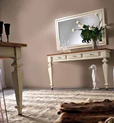 Белоснежный консольный столик в современном стиле с большим зеркалом в комплекте