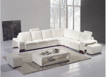 Большой угловой диван белого цвета из натуральной кожи с мягким пуфиком