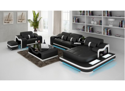 Большой многофункциональный угловой диван с креслом и дизайнерской подсветкой