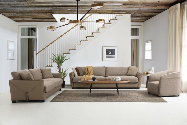 Бежевый диванный гарнитур 3+3+1 состоящий из двух 3-х местных диванов с мягким комфортным креслом