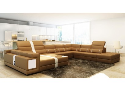 Большой двухцветный кожаный диван U-формы в современном элегантном стиле