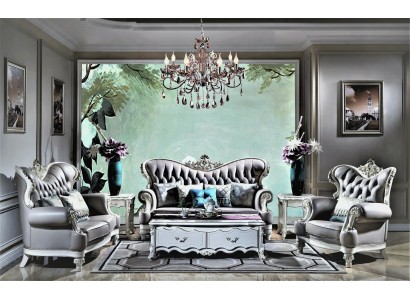 Великолепный классический диванный гарнитур 3+1+1 честерфилд с текстильной обивкой фисташкового цвета