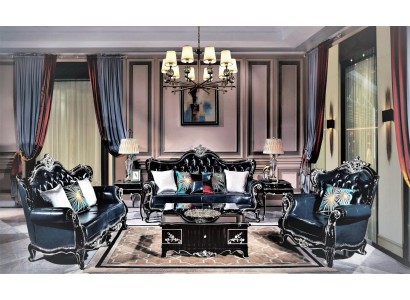 Великолепный классический диванный гарнитур 3+1+1 честерфилд с текстильной обивкой черного цвета