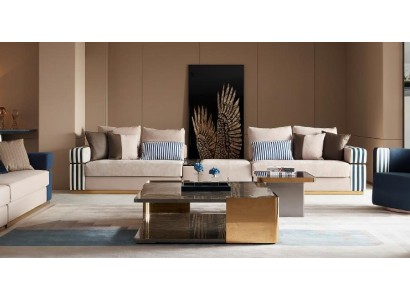Большой 4-х местный диван в современном стиле с дизайнерскими подлокотниками с полосатым принтом