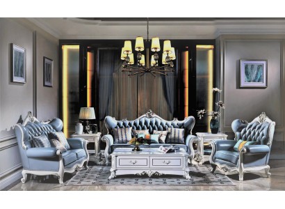 Великолепный классический диванный гарнитур 3+2+1 честерфилд с мягкими подлокотниками голубого цвета