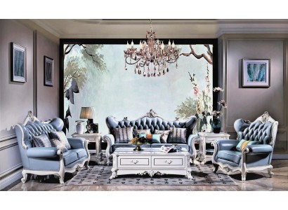 Великолепный классический диванный гарнитур 3+2+1 честерфилд синего цвета с роскошными декоративными элементами