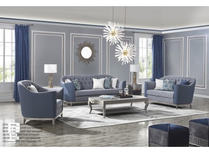 Изысканный диванный гарнитур 3+2+1 в серо-синем оттенке честерфилд