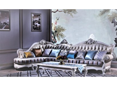 Большой угловой диван честерфилд оливкового цвета в классическом стиле с журнальным столиком в комплекте