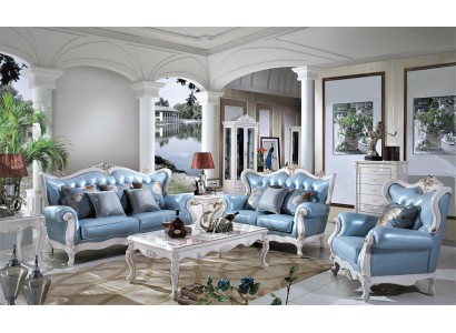 Изысканный диванный гарнитур 3+2+1 честерфилд для гостиной комнаты в голубом цвете с золотыми элементами