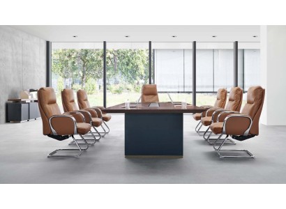Большой конференц стол серого цвета в современном стиле с 6-ю мягкими креслами в комплекте