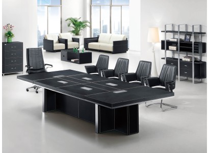 Большой конференц стол серого цвета в современном стиле с 8-ю мягкими креслами в комплекте