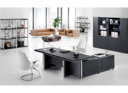 Большой угловой стол черного цвета в современном стиле с книжным шкафом в комплекте