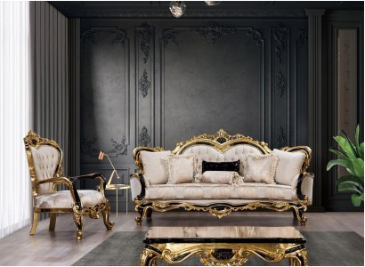 Изысканный комплект для гостиной состоящий из 3-х местного дивана честерфилд и роскошного мягкого кресла с золотыми элементами в классическом стиле